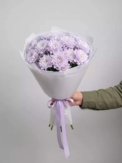 Букет живых цветов из 5 сиреневых кустовых хризантем