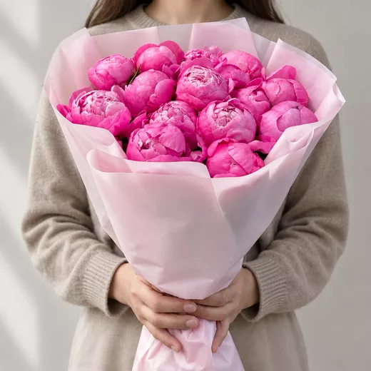 Букет живых цветов из 15 малиновых пионов