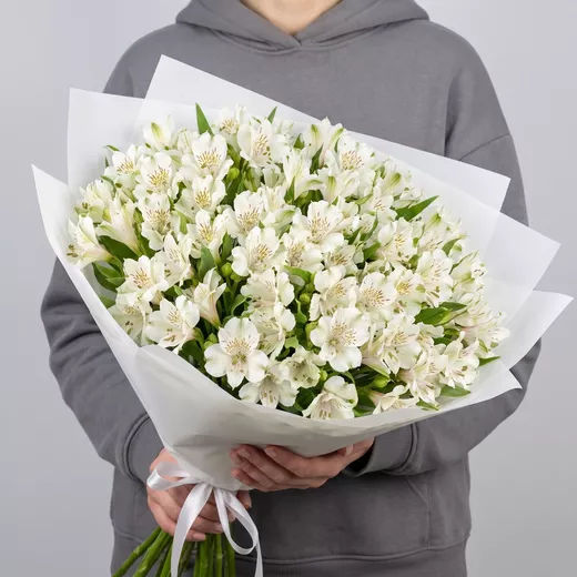 Букет живых цветов из 25 белых альстромерий